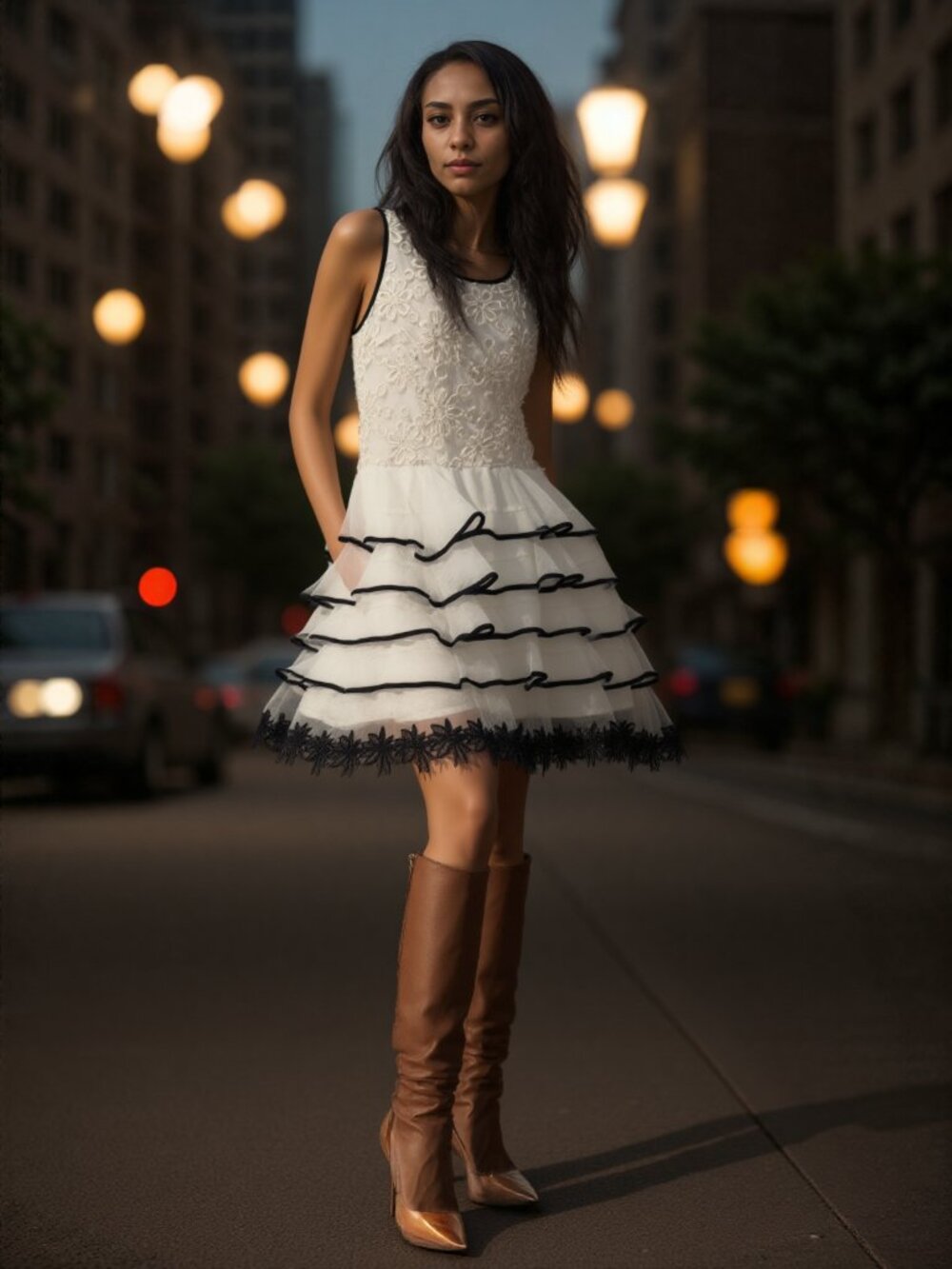 Yi Yavr Floral Layered Lace Ballerina Style Mini Dress with Ruffles Black Trim